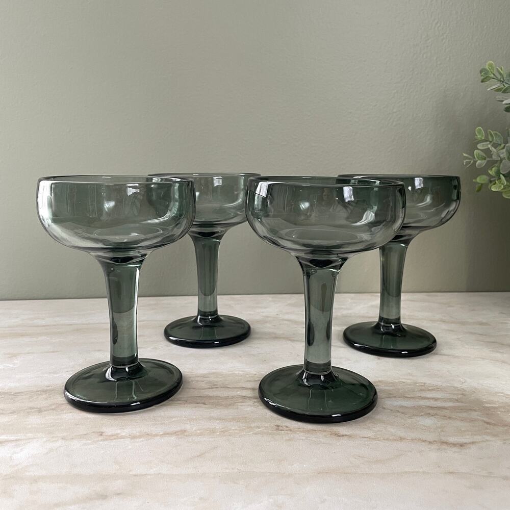 Set of 4 Heavy Green Glass Coupe Cocktail Glasses - Vintage Mid Century Barware
